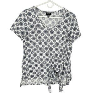 Jones New York Blue White Floral Medallion Print Tie Front Short Sleeve Top SZ M